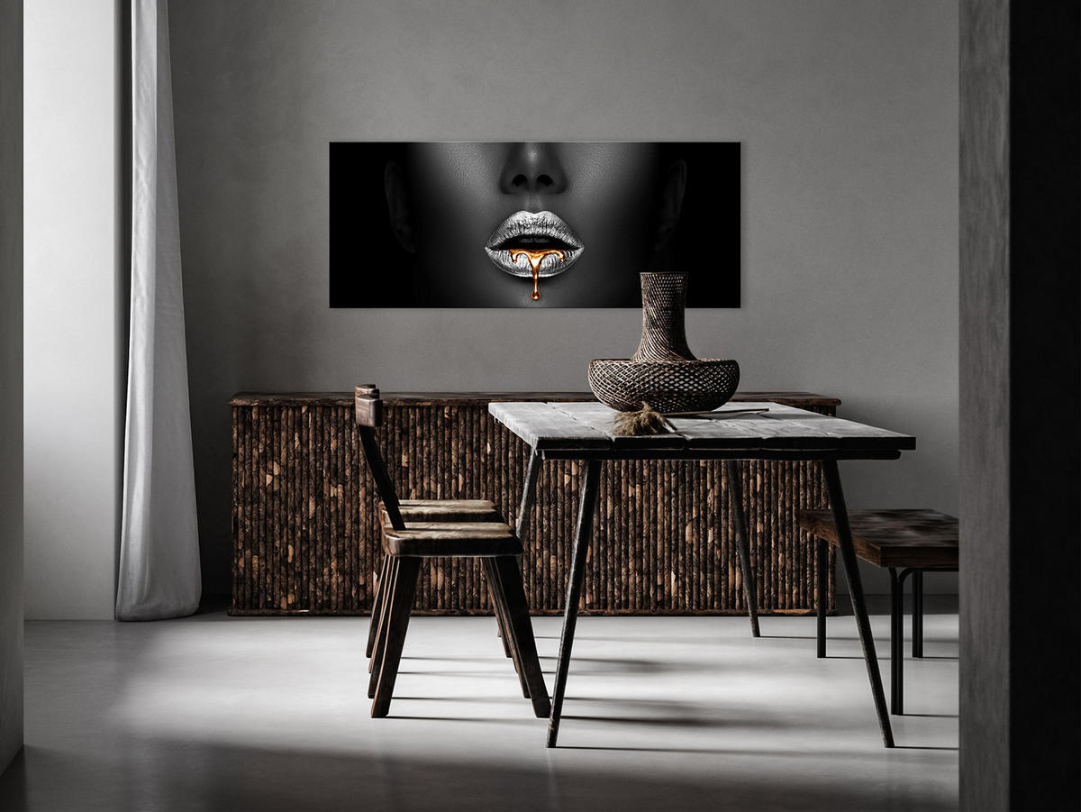 GLASBILD 125x50 cm Lippen schwarz gold - Silberfarben, Glas (125/50cm) - artissimo