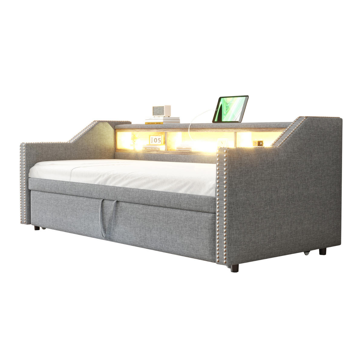 BETT aus Leinen 90/180x190 cm Hellgrau mit Ausziehbett, LED, USB und 3 Ablagefächern - Hellgrau, Textil (90/190cm) - Modfu