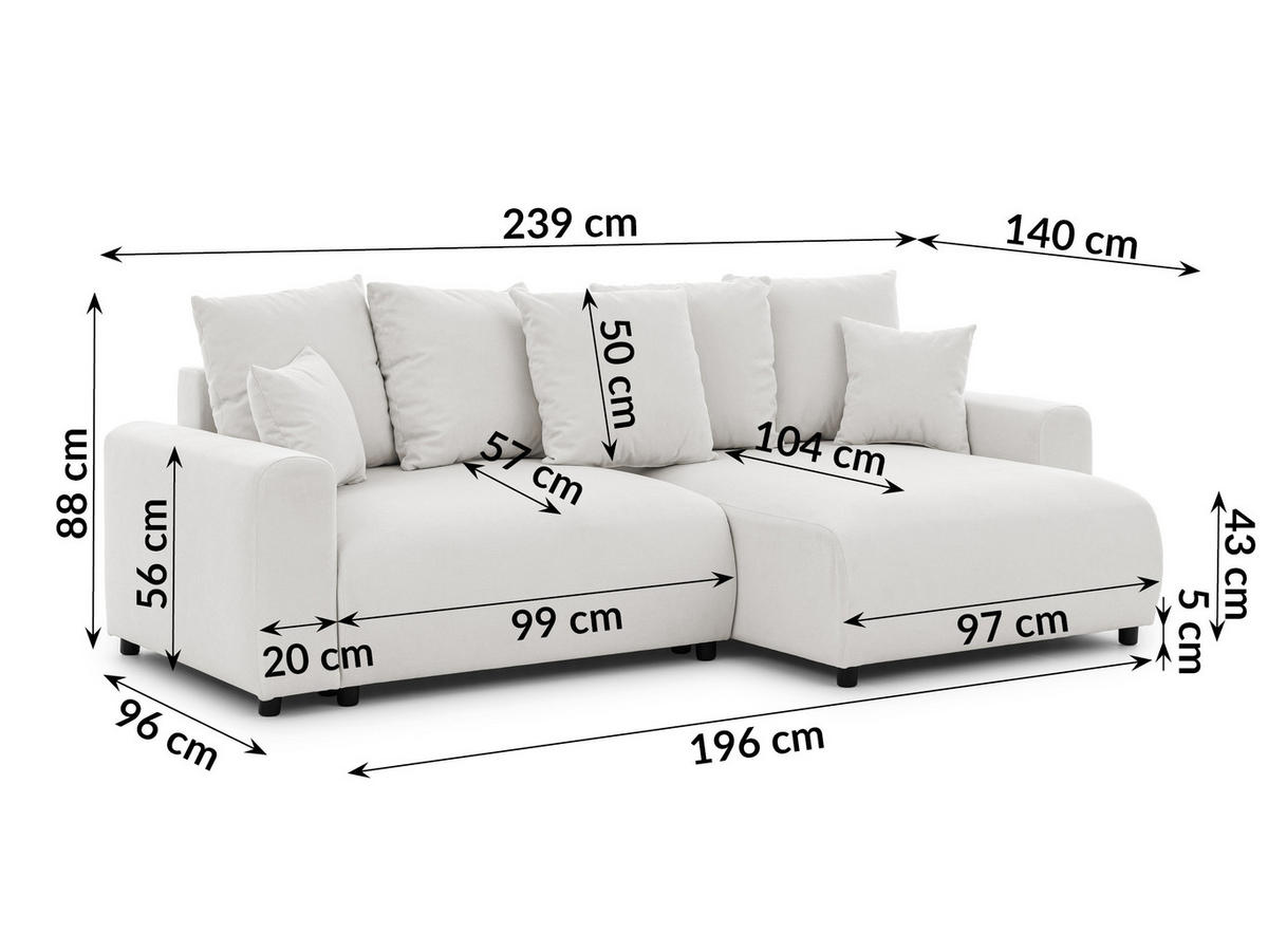 ECKSOFA Calma mit Schlaffunktion und Bettkasten im Bumpy-Design aus weichem Creme Webstoff - Ottomane rechts - Creme/Schwarz, Holz/Kunststoff (140/239cm) - S-Style