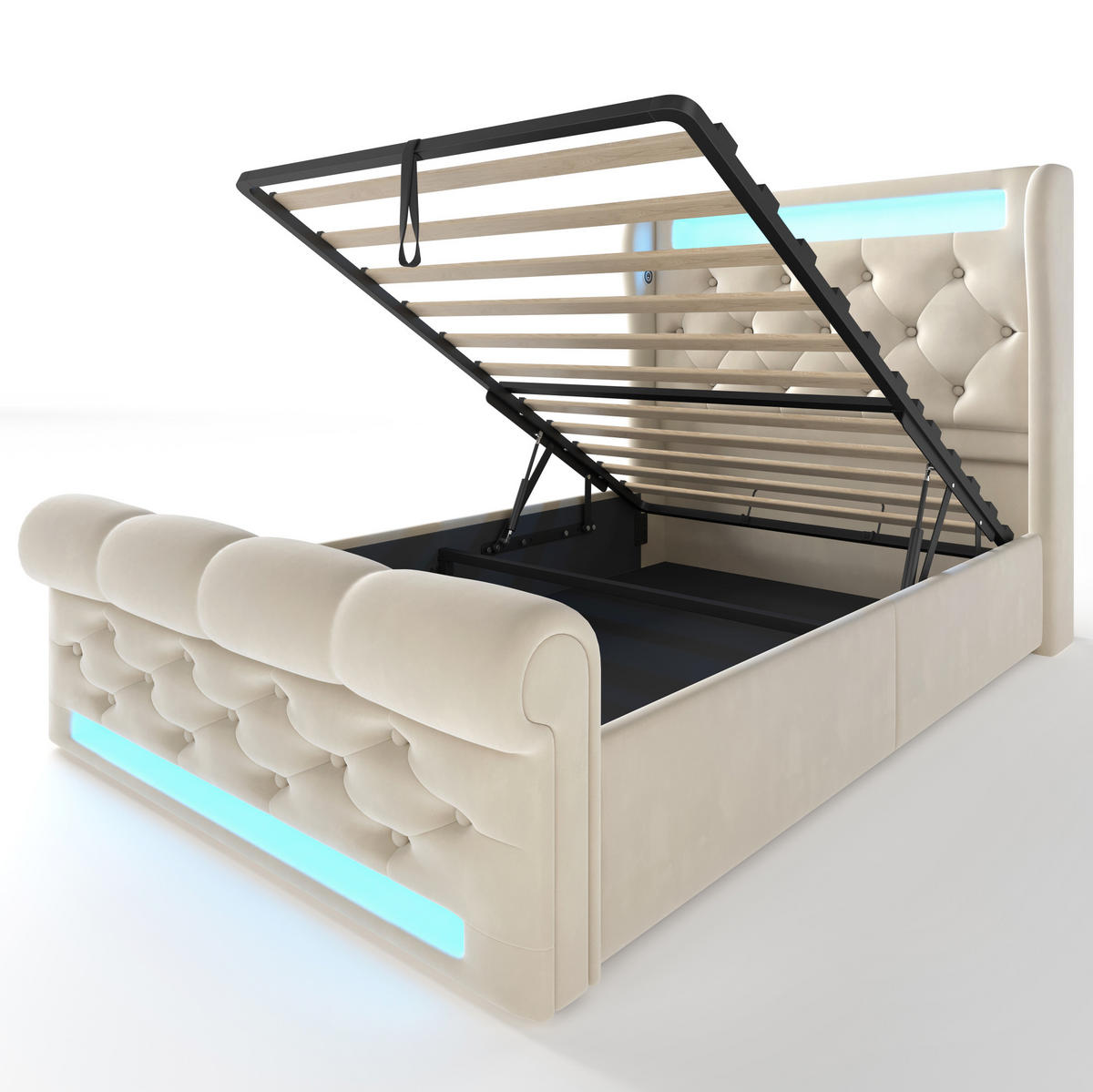 POLSTERBETT 90/200 cm Beige aus Samt mit LED, Stauraum und Matratze - Beige, Textil (90/200cm) - Flora Grace