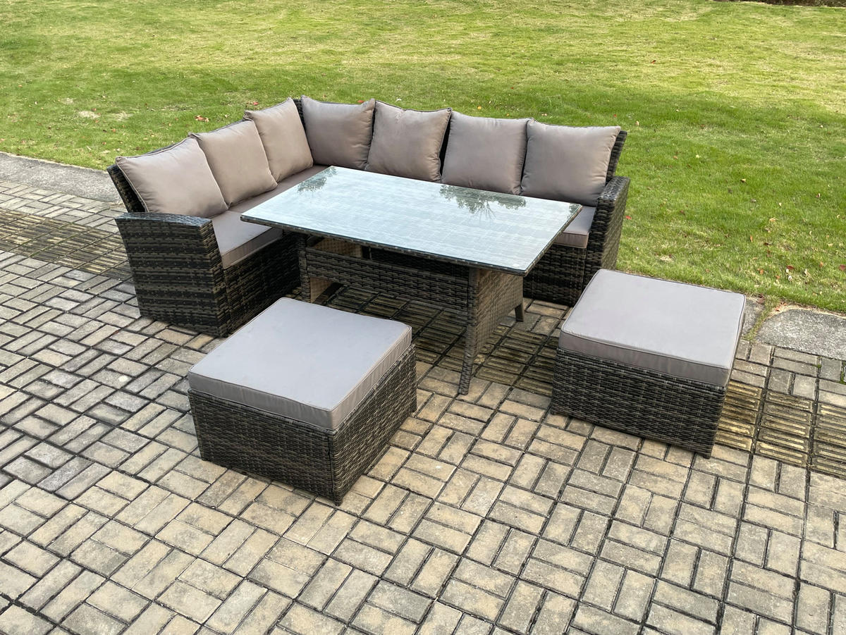 LOUNGEMÖBEL-SETS mit Esstisch Sofa Polyrattan Dunkelgrau 8-Sitzer - Dunkelgrau/Grau, Glas/Kunststoff - Fimous