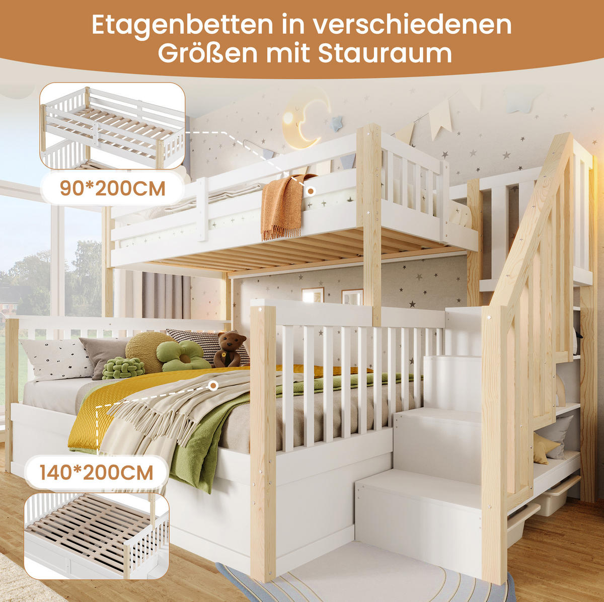 ETAGENBETT aus Kiefernholz 90x200 cm + 140x200 cm Weiß/Natur mit hydraulischem Stauraum und Treppe mit Ablagefächern - Weiß, Holzwerkstoff (90/200cm) - Modfu