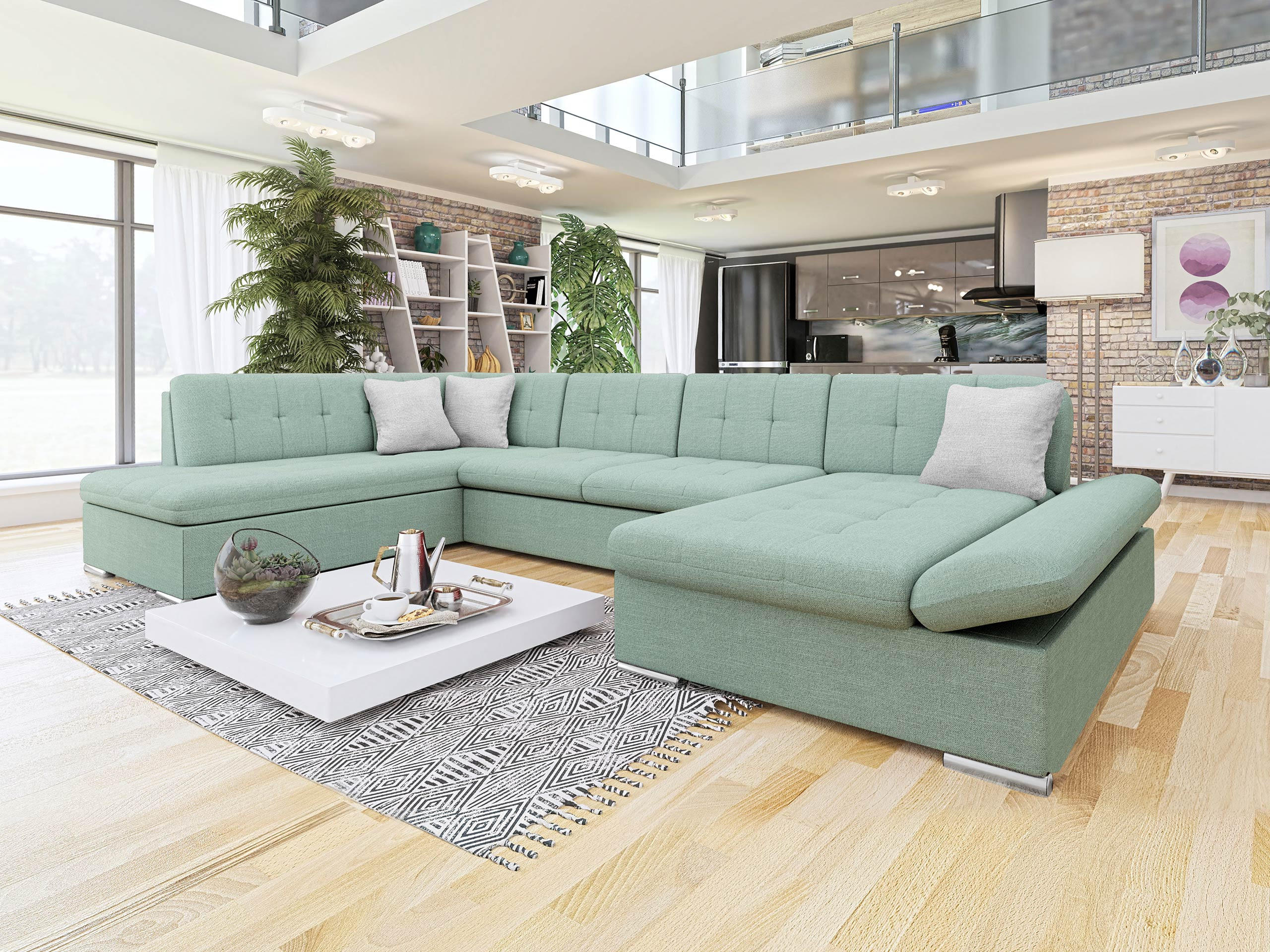 ECKSOFA Bergen Premium, Seite: Rechts - Silberfarben/Mintgrün, Holz/Textil (345/76/205cm) - MIRJAN24