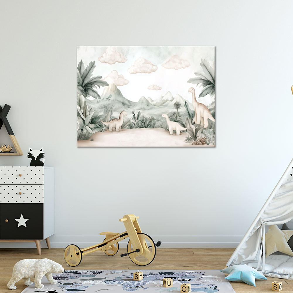 WANDBILD für kinderzimmer dinosaurier jura welt in pastelltönen - Grün, Textil (100/70cm) - Feeby
