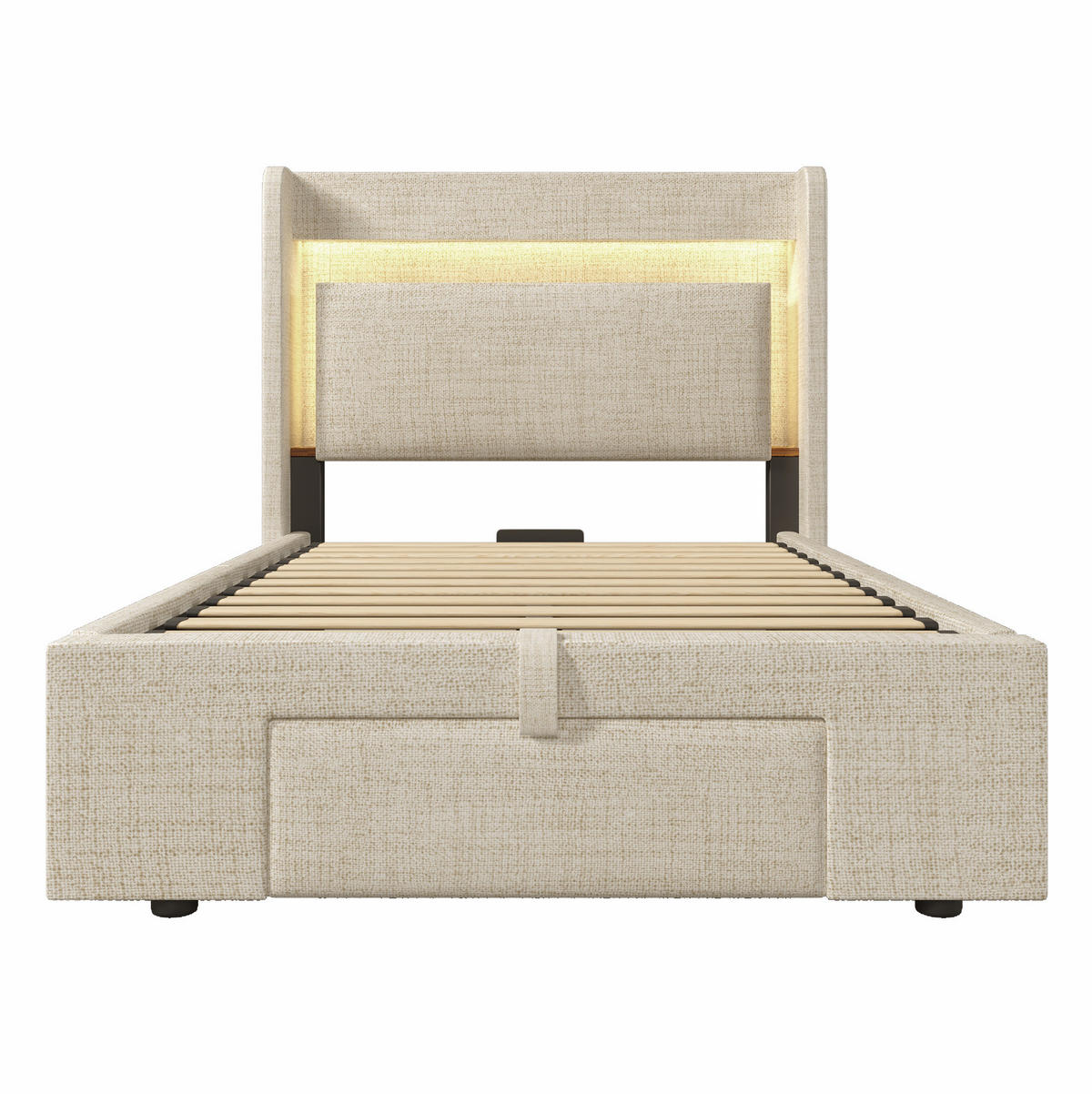 POLSTERBETT 90/200 cm Beige mit Stauraum, LED-Beleuchtung und USB- und Type-C-Anschlüssen - Beige, Textil (90/200cm) - Flora Grace