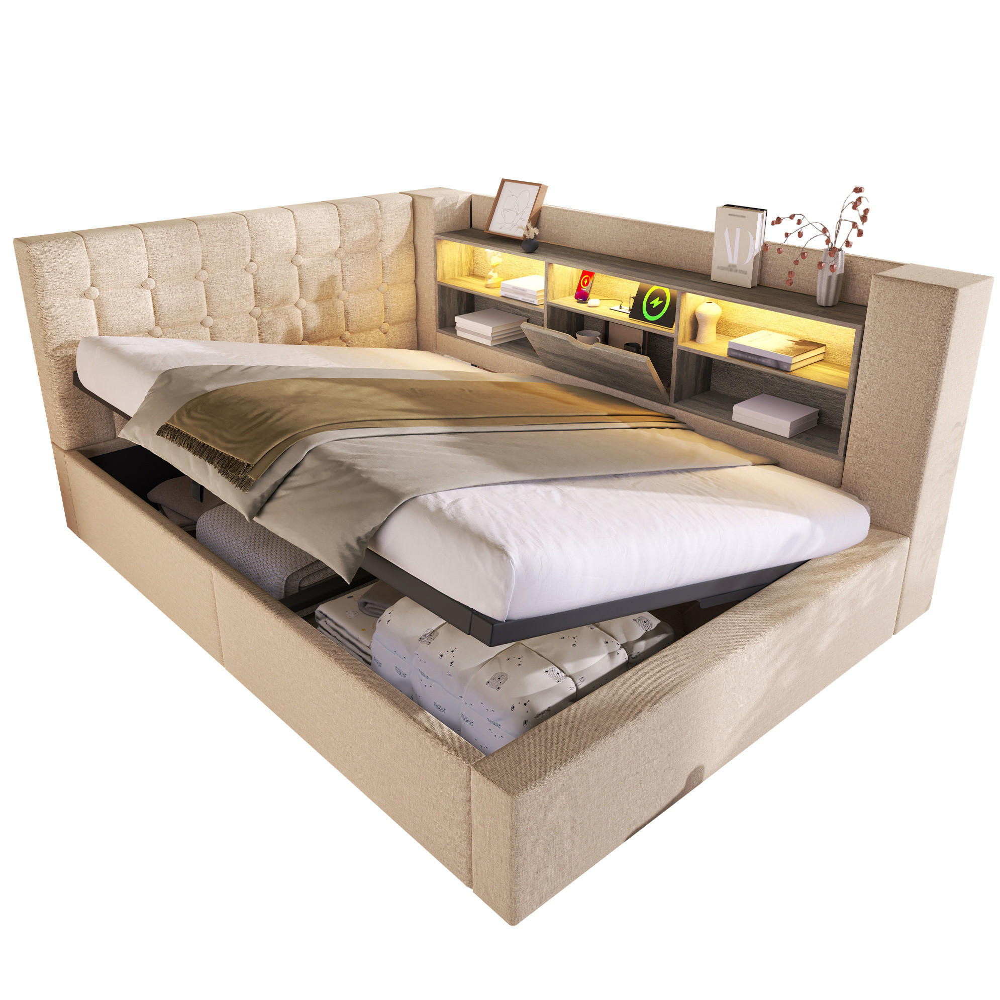 OKWISH ČALOUNĚNÁ postel 140x190 cm béžová z lnu, kovu a dřeva s LED osvětlením a úložným prostorem