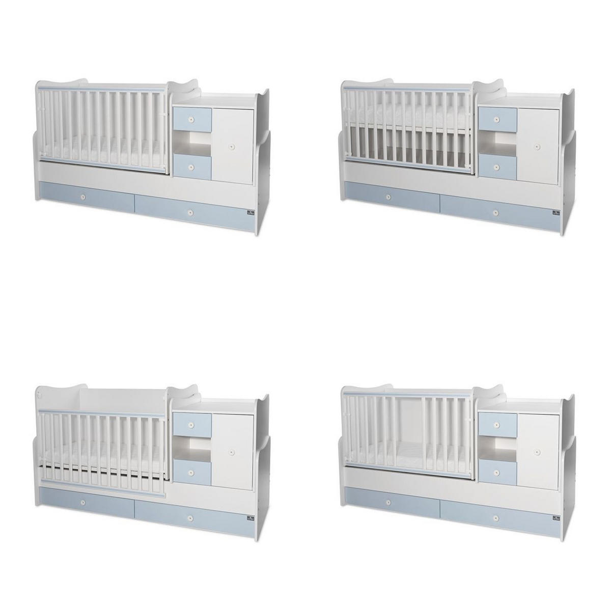 BABYBETT Mini Max 3 in 1 weiß blau 120 x 60 cm, Jugendbett 190 x 72 cm, Wickelkommode, Schaukelfunktion - Blau, Holzwerkstoff (72/190cm) - Lorelli