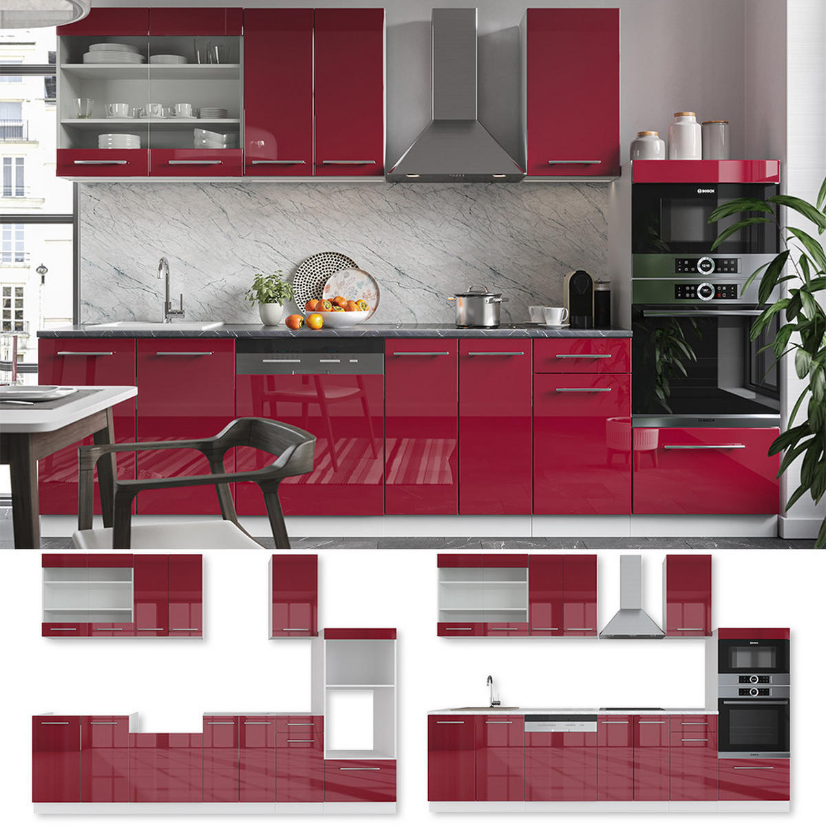 KÜCHENZEILE Fame-Line Bordeaux Hochglanz/Weiß 300 cm mit Hochschrank AP Eiche - Bordeaux/Weiß, Holzwerkstoff (300/81.6/60cm) - Vicco