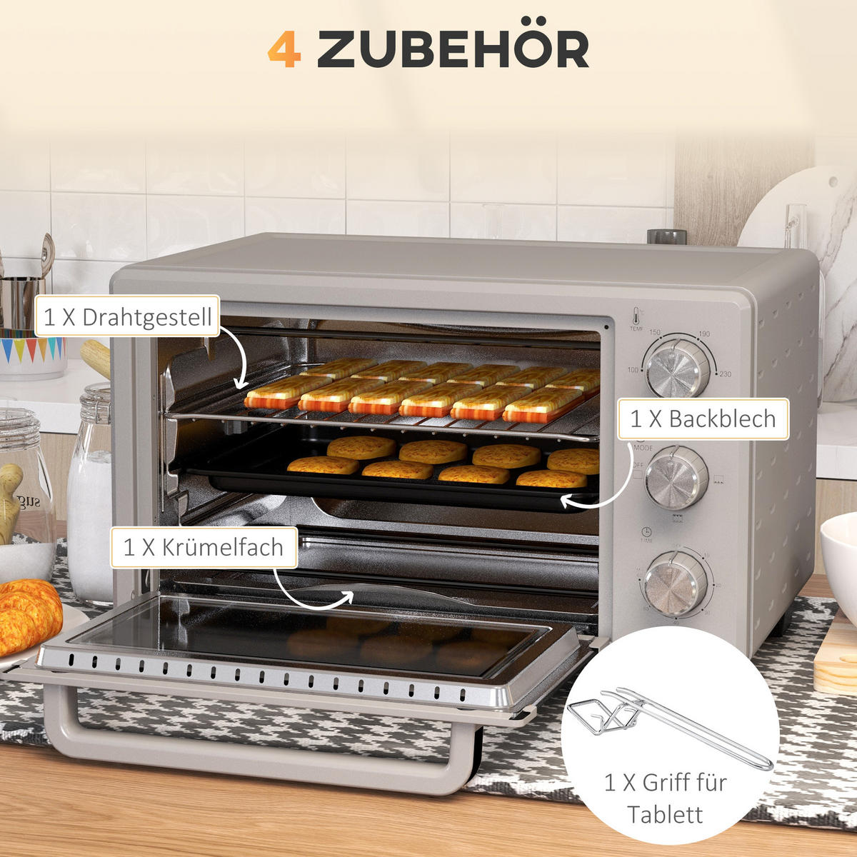 MINIBACKOFEN 21L 1400W Mini Ofen mit 3 Kochmodi, Backblech & Grillrost, Temperatur 100-230°C, Edelstahl, Silber - Silberfarben, Metall (46/29/38.5cm) - Beaface