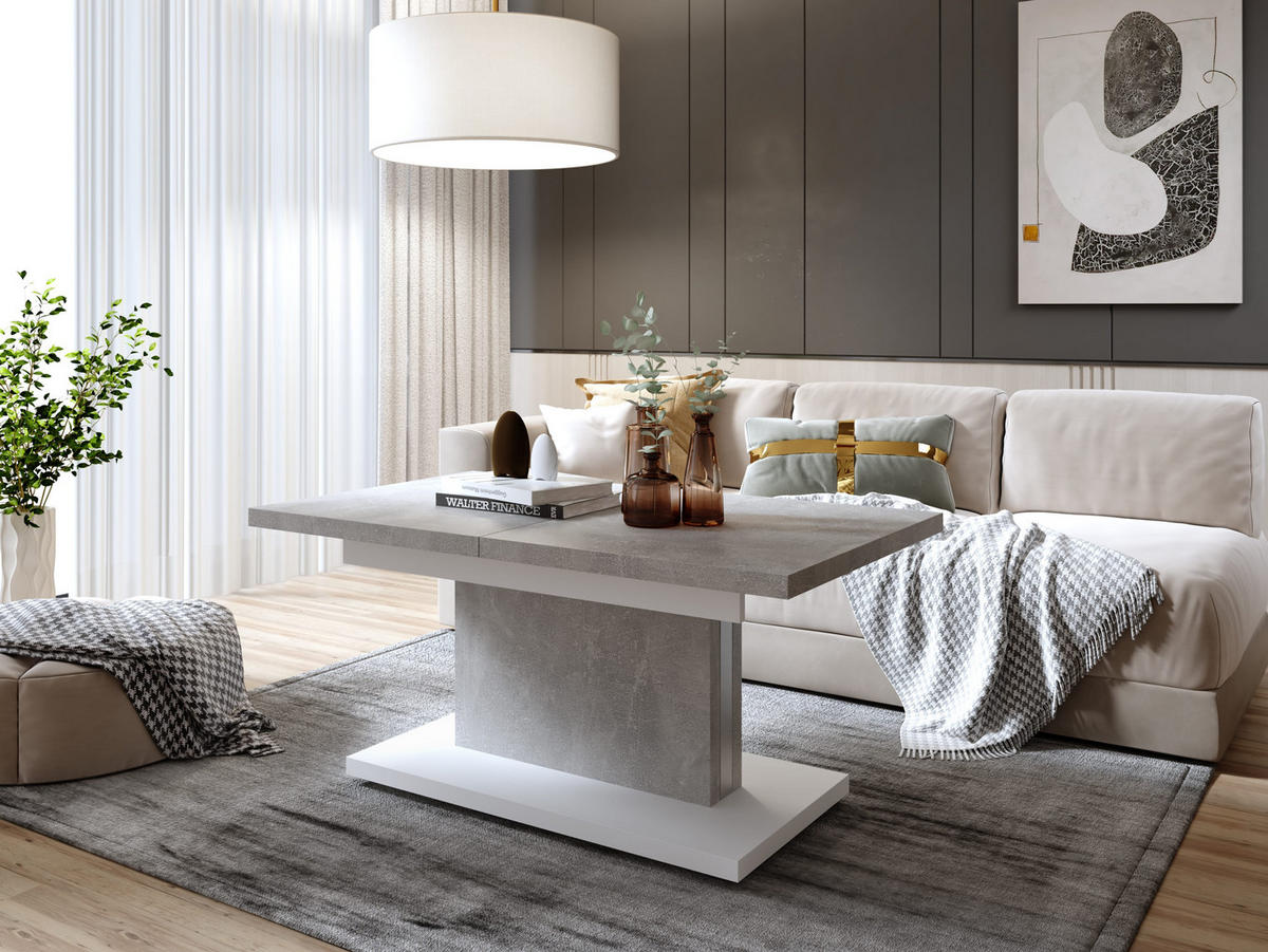 COUCHTISCH rechteckig Beton - Weiß höhenverstellbar ausziehbar - Hellgrau/Weiß, Holzwerkstoff (70/120/56cm) - designimpex
