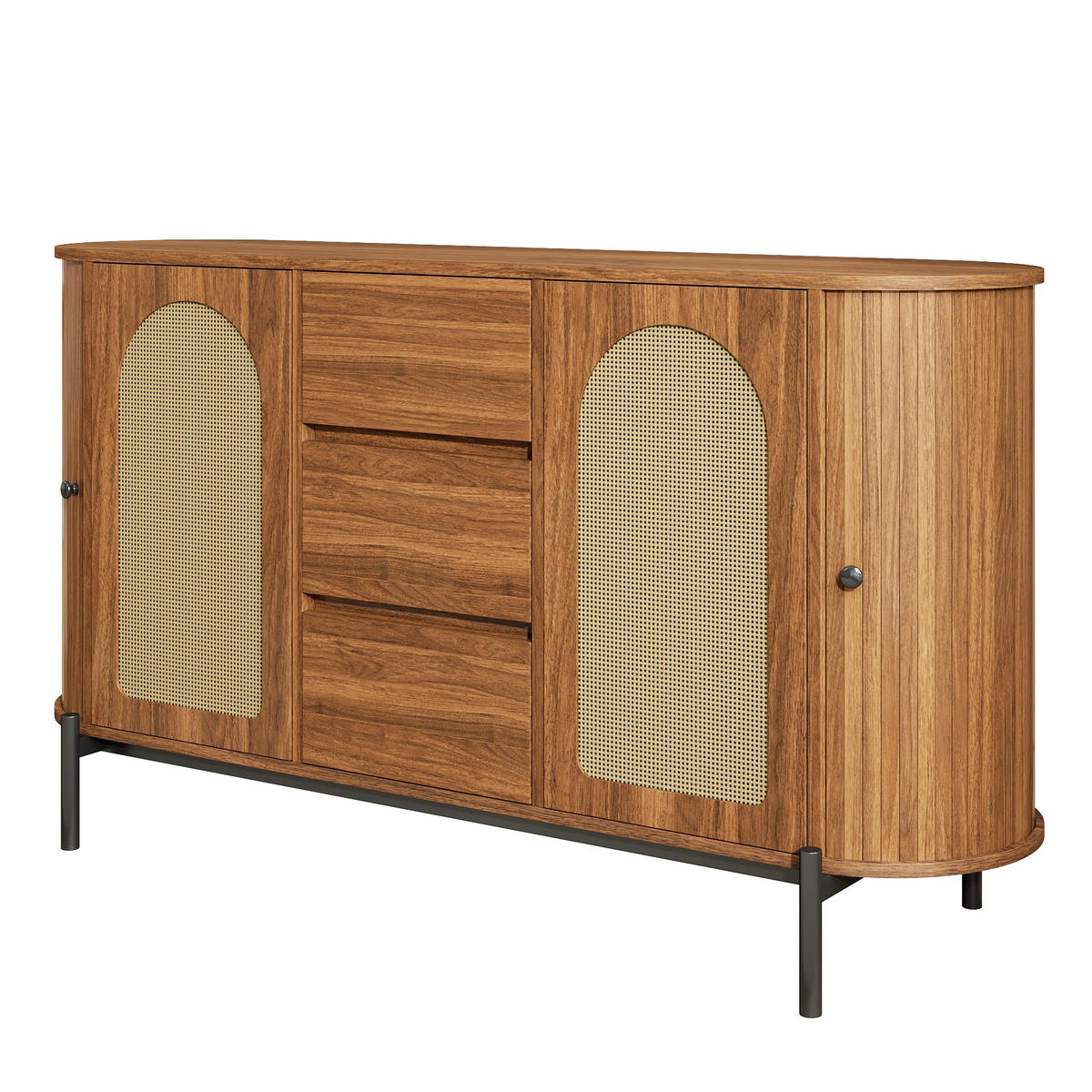 KOMMODE Multifunktionales Sideboard mit Rattan-Elementen, Schiebetüren & Metallgestell Natur Groß MDF/Metall - Braun, Holzwerkstoff (140/77.5/38cm) - EVRYAE