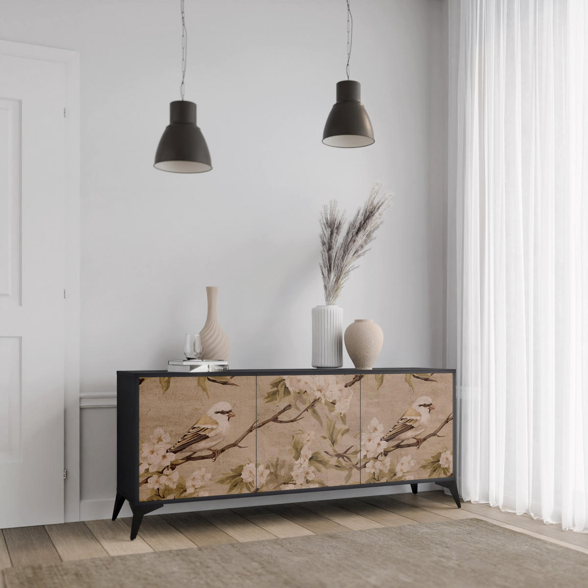 SIDEBOARD PETAL DISTINGUISH, Eicheneffekt, 164,5x42x77,5 cm, 3 Türen - Eichefarben/Buchefarben, Holzwerkstoff/Buchenholz (164.5/77.5/42cm) - SpaceRebels