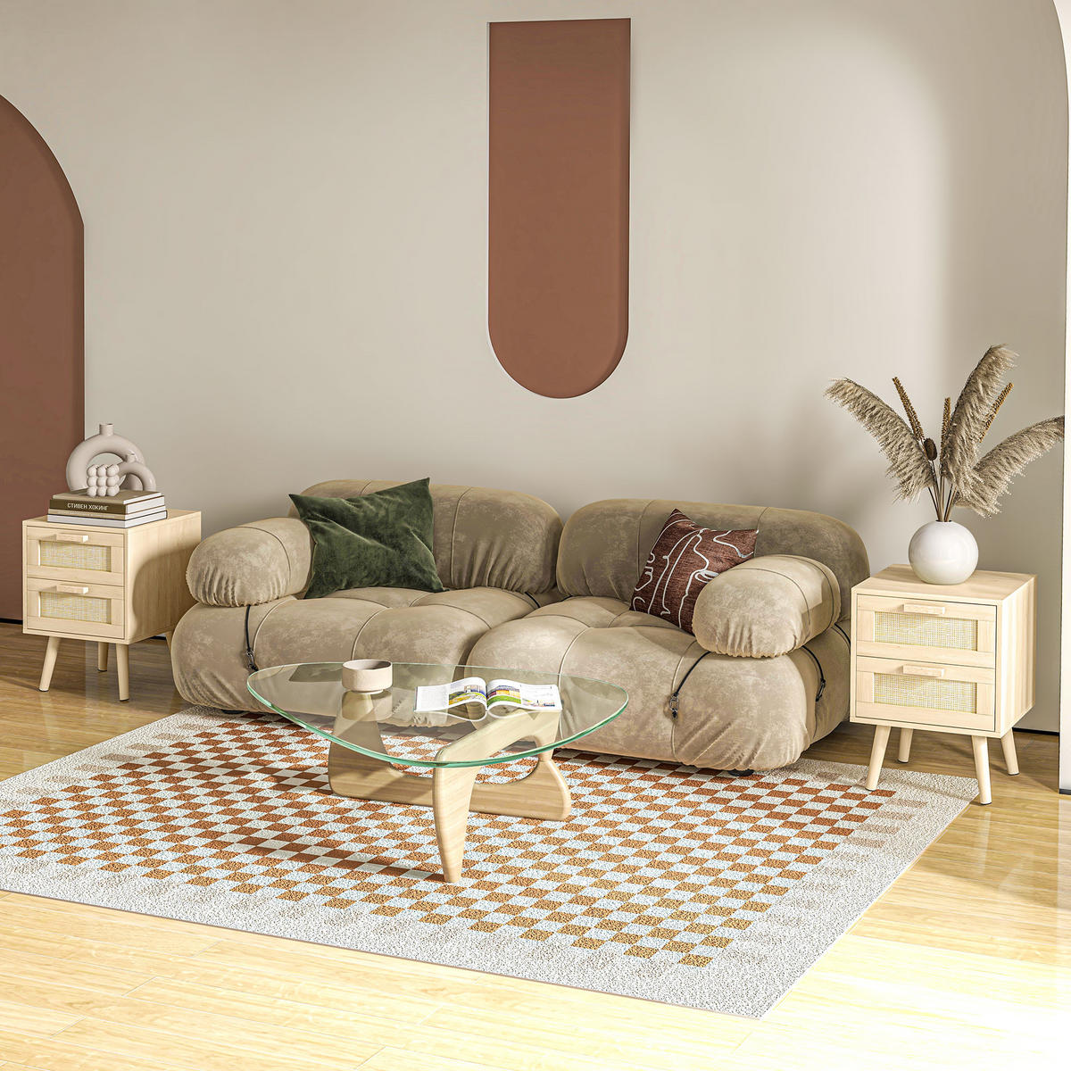 NACHTSCHRANK 2er-Set DE-12815 2 Schubladen mit Rattan Naturholz - Naturfarben, Holzwerkstoff (40/56/40cm) - ComfortXL