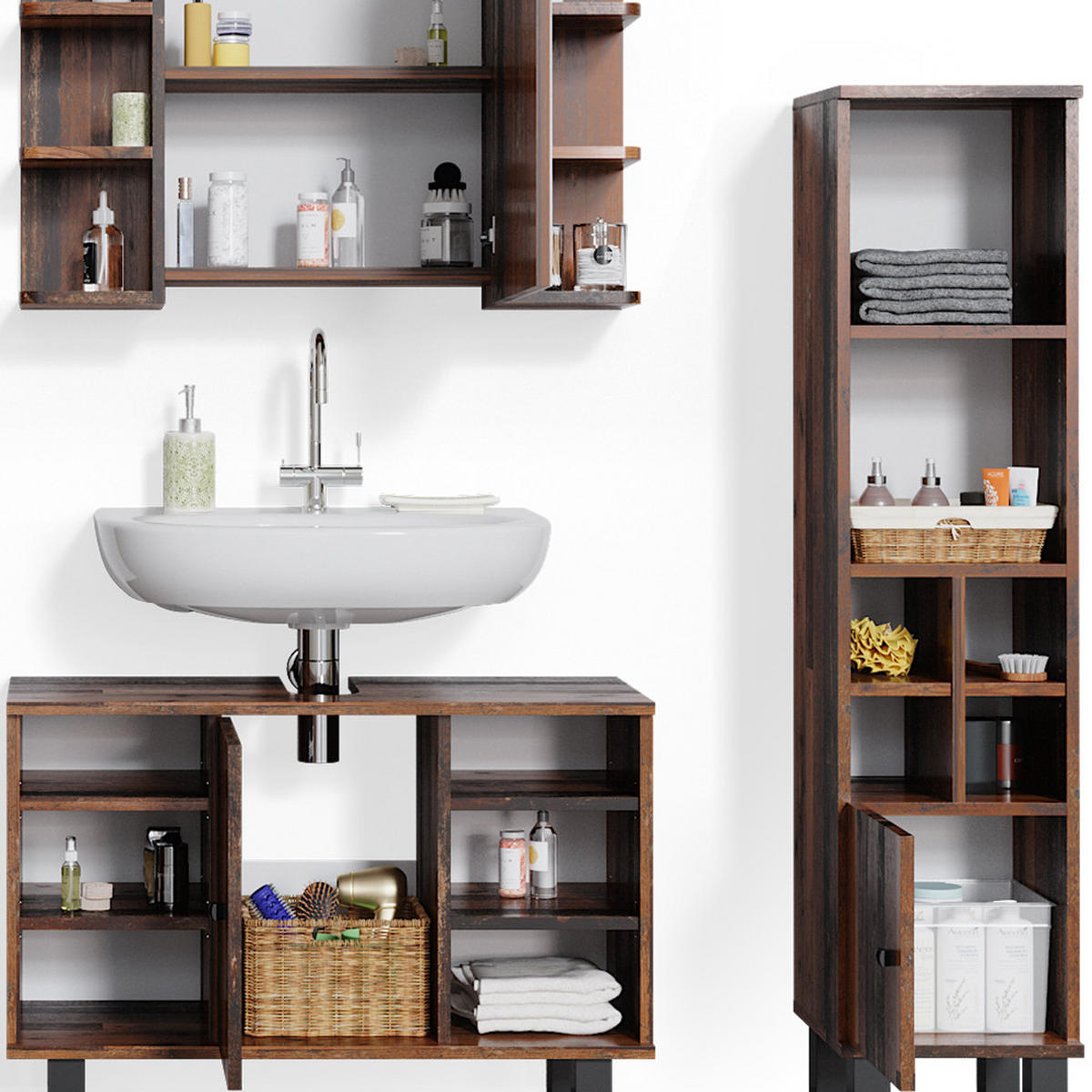 BADMÖBEL-SET Fynn Eiche rustikal 3 Teile, mit Midischrank Tür klein - Wildeiche, Holzwerkstoff (60/54/32cm) - Vicco