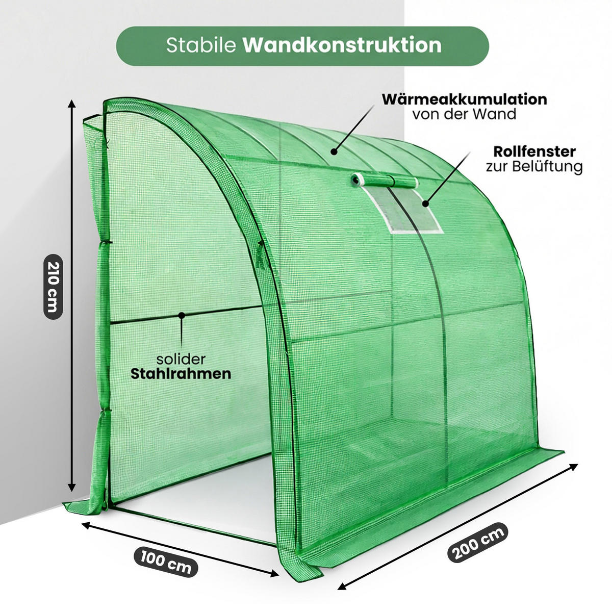 ANLEHNGEWÄCHSHAUS, Grün, 100x200x210 cm - Grün, Metall (100/210/200cm) - Akord
