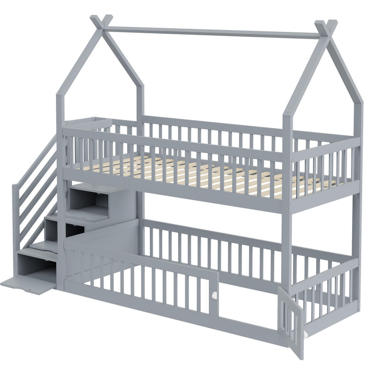 ETAGENBETT mit Dach, Treppe und Schubladen 90x200 cm Kiefernholz Grau - Grau, Holzwerkstoff (90/200cm) - Beauniv