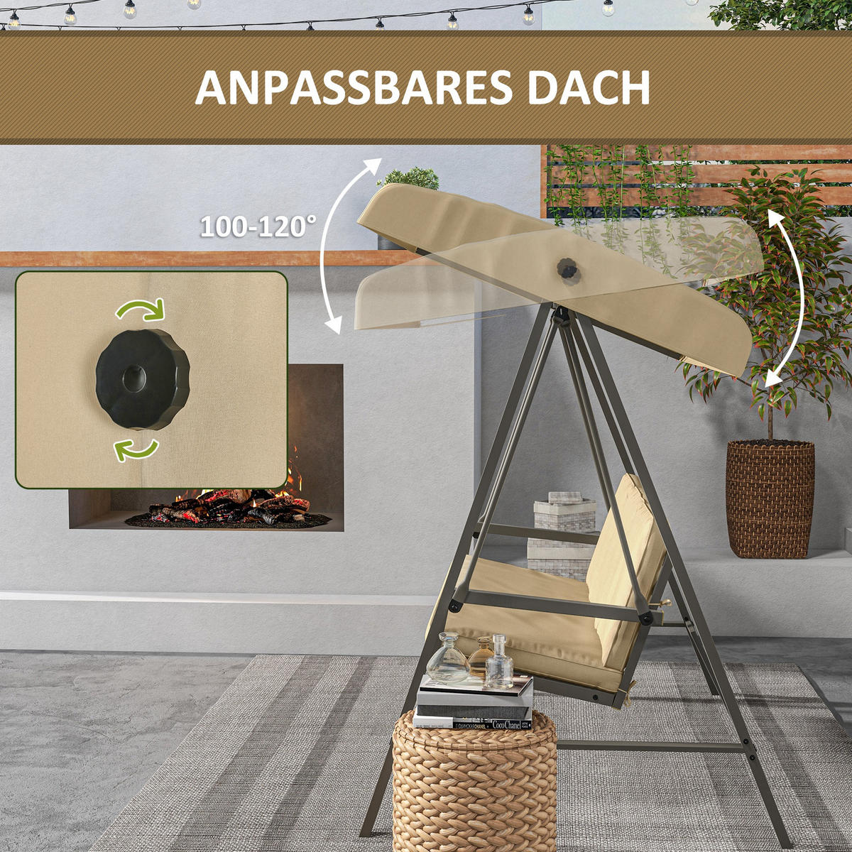 HOLLYWOODSCHAUKEL, 3-Sitzer, Beige, 200 x 125 x 175 cm - Beige, Kunststoff (125/175/200cm) - Outsunny