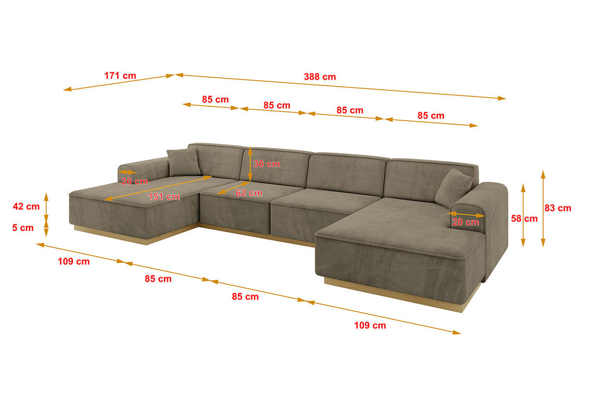 WOHNLANDSCHAFT IREA-U2-v2 - 388x171x83 cm Braun - Braun, Holzwerkstoff/Textil (388/83/171cm) - ALTDECOR