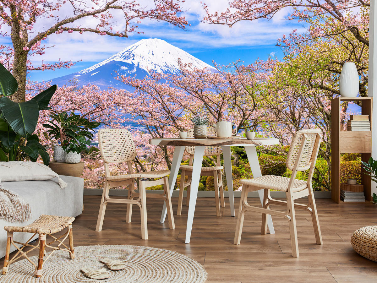 FOTOTAPETE für Wohnzimmer Peace Park Fuji View Kirschblüten 150x105 - Rosa/Braun, Papier (150/105cm) - Muralo