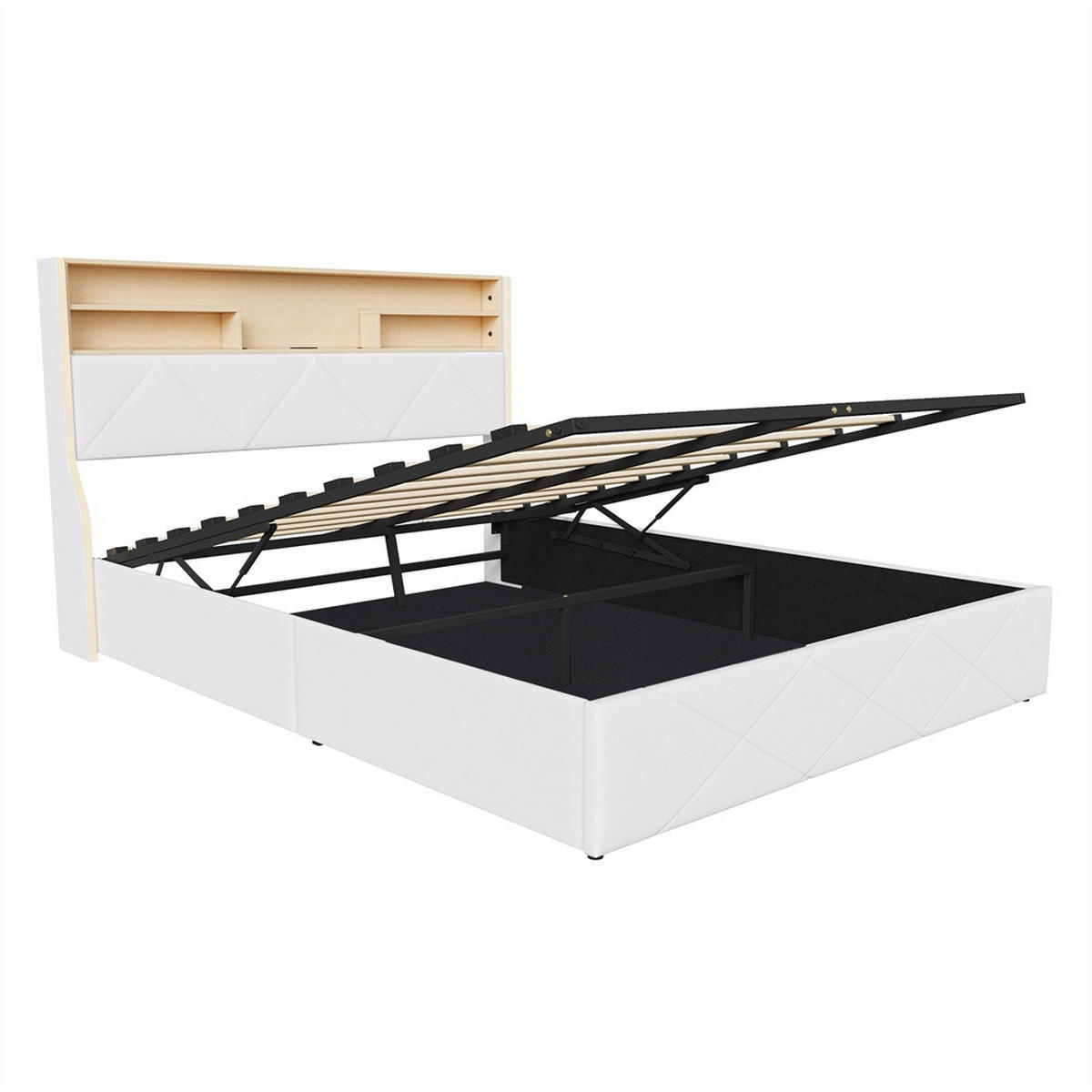 POLSTERBETT 160x200 cm mit hydraulischem Stauraum - Gepolstertes Kopfteil mit Stauraum - LED Beleuchtung - Weiß - Weiß, Textil (160/200cm) - DELFA