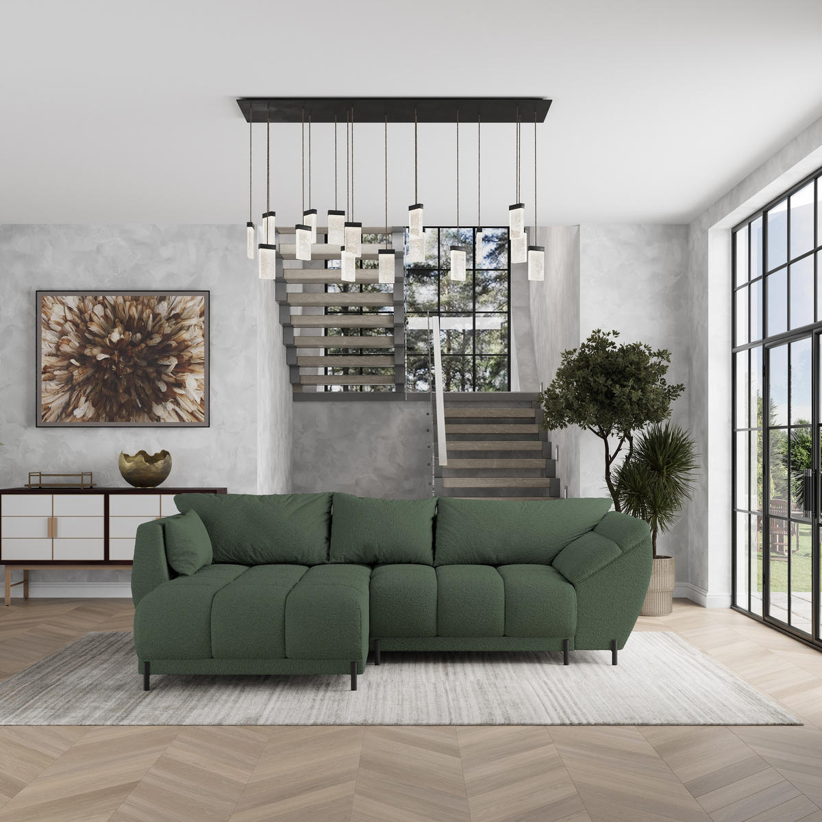 ECKSOFA VESTANO L-S Grün Boucle-Stoff mit Schlaffunktion - Grün, Holz (287/182cm) - MASSENO