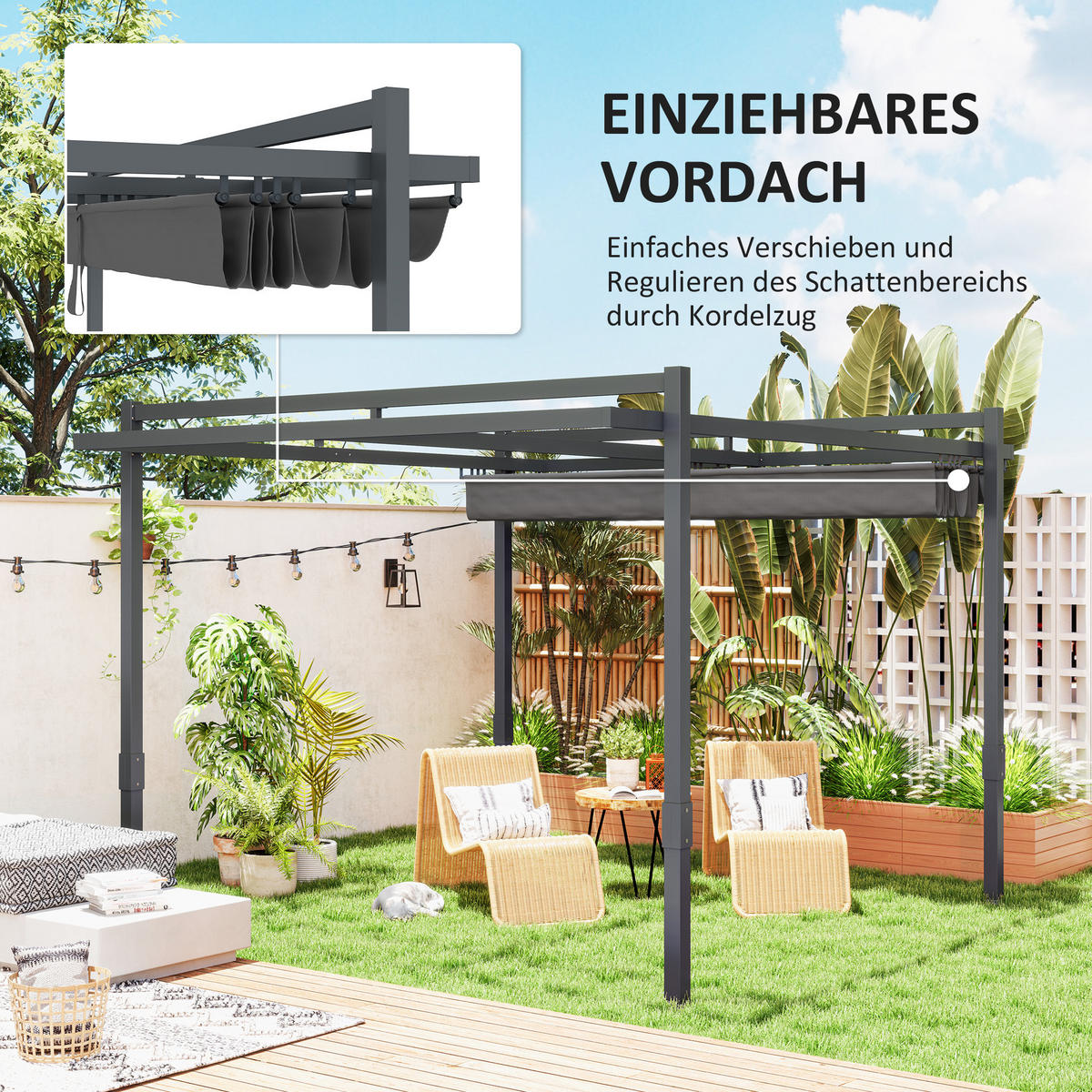 PERGOLA Pavillon ca. 3,5x3m Aluminium Stabil winterfest Sonnenschutz mit verstellbares Schiebedach Grau - Grau, Metall (358/245/320cm)