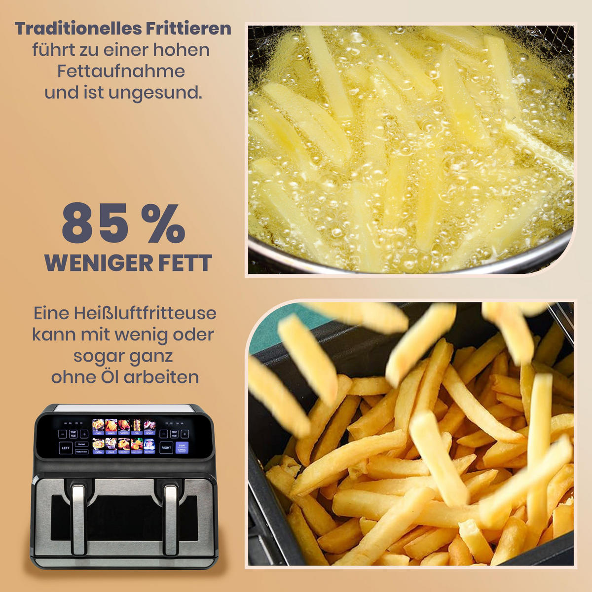 HEISSLUFTFRITTEUSE Doppelkammer 9L 10-in-1 flexibler XXL-Modus - Silberfarben, Metall (35/32/26cm)