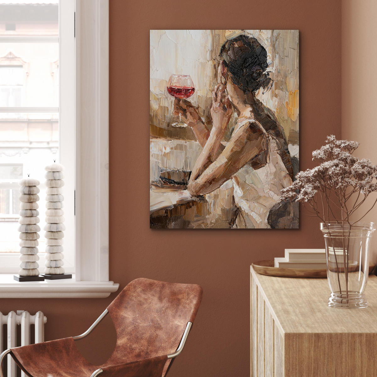 KOVOVÝ OBRAZ Olejomaľba - Žena - Víno 60x80 cm - svetlohnedá, kov (60/80cm) - MuchoWow