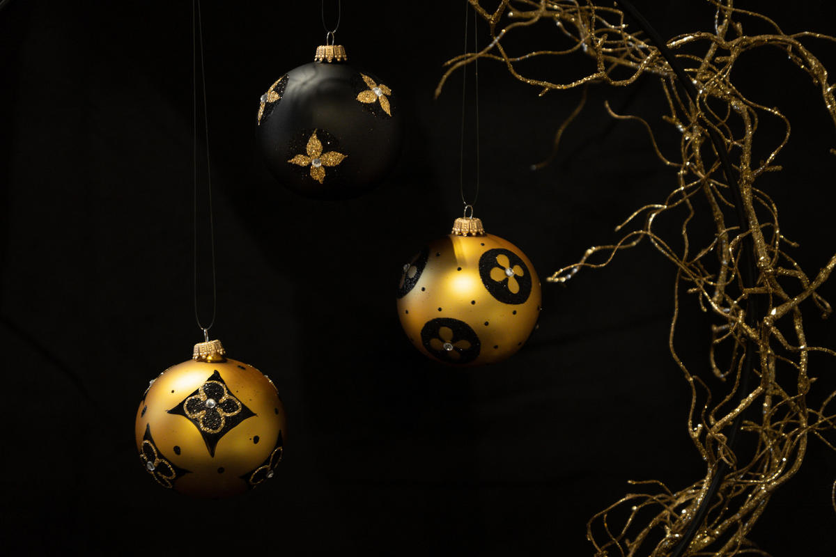 CHRISTBAUMKUGELN Blumen mit Strasssteinen Goldfarbig 8cm (Glas / 3 Stk.) - Goldfarben, Glas (7/8/7cm) - Krebs Glas Lauscha