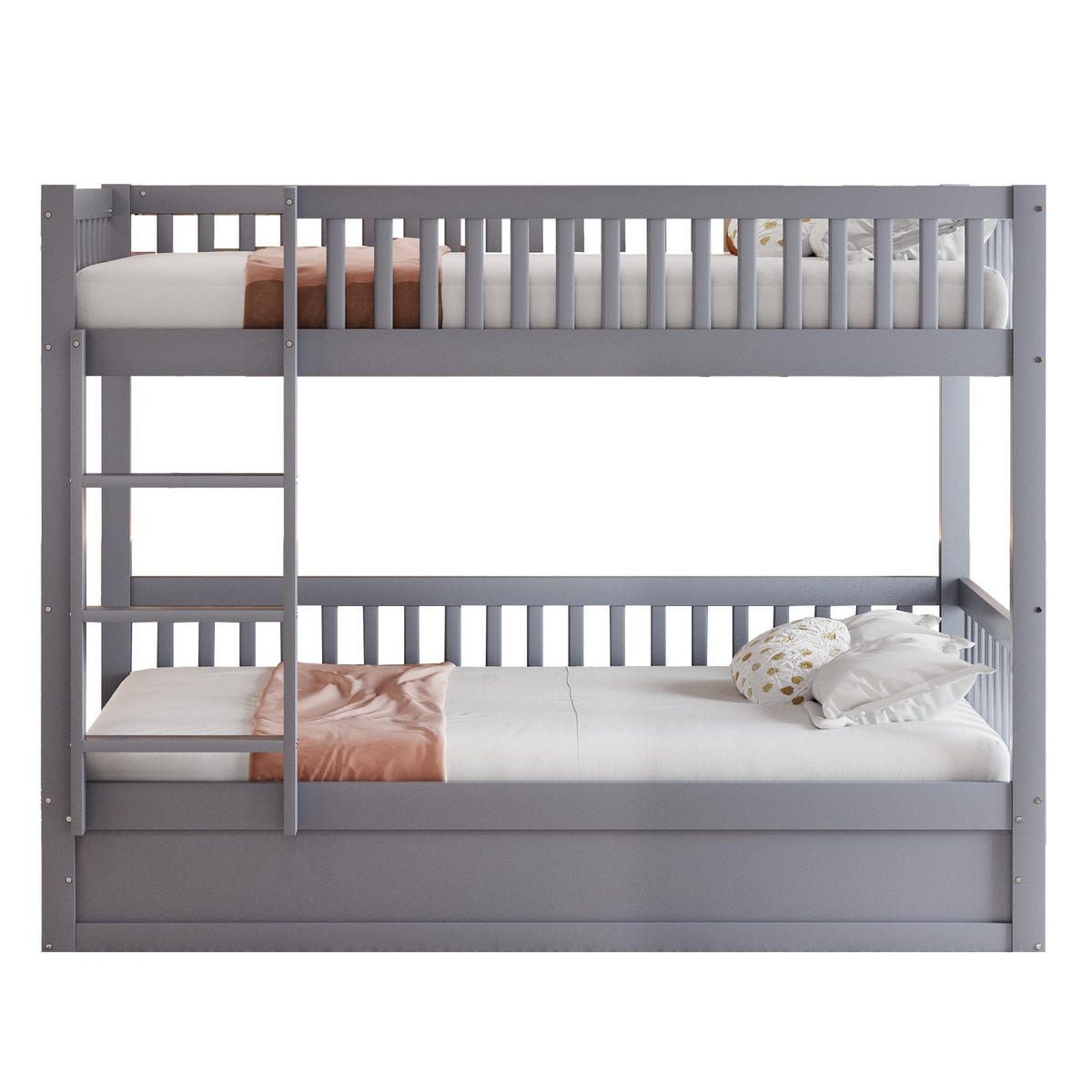 ETAGENBETT aus 90x200 cm Grau mit hydraulischem Stauraum, Sicherheitsleiter und Lattenrost - Grau, Holzwerkstoff (90/200cm) - Modfu