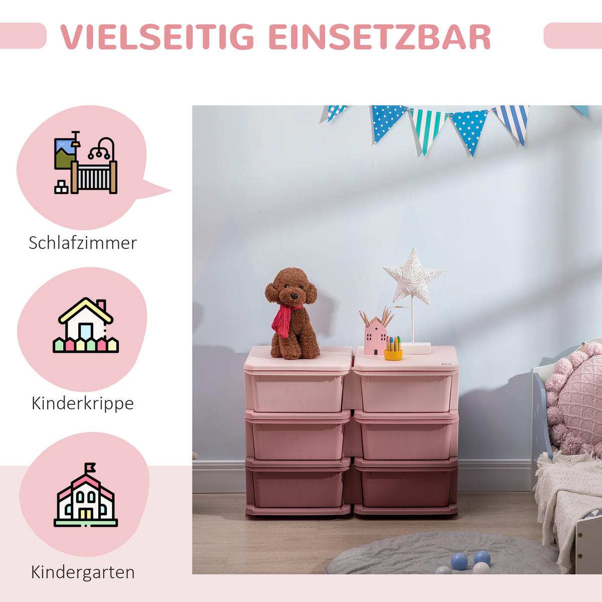 SCHUBLADENSCHRANK, Kunststoff, Rosa/Violett, 75L x 37B x 56,5H cm - Violett/Rosa, Kunststoff (37/56.5/75cm) - HOMCOM