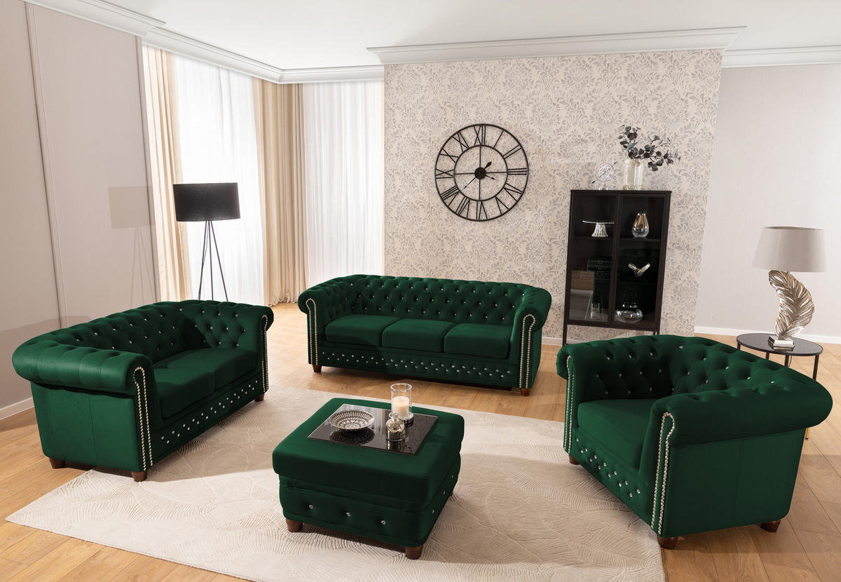 SITZGARNITUR 3+2 Chesterfield Cleo Blink Flasche Grün Samt mit Kristallsteppung und braunen Massivholzfüßen - Braun/Grün, Holz/Textil (203/72/86cm) - S-Style Möbel