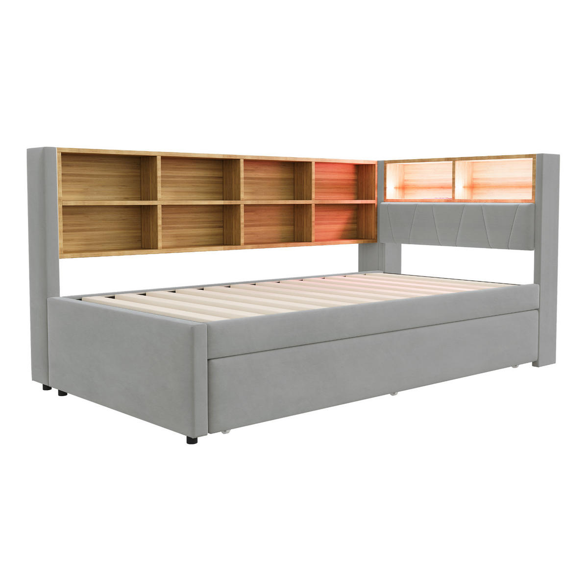SCHLAFSOFA 90/200 cm mit Ausziehbett, LED, USB- und Type-C-Anschluss, Flanell, Hellgrau - Hellgrau, Textil (103/98/213cm) - Redom