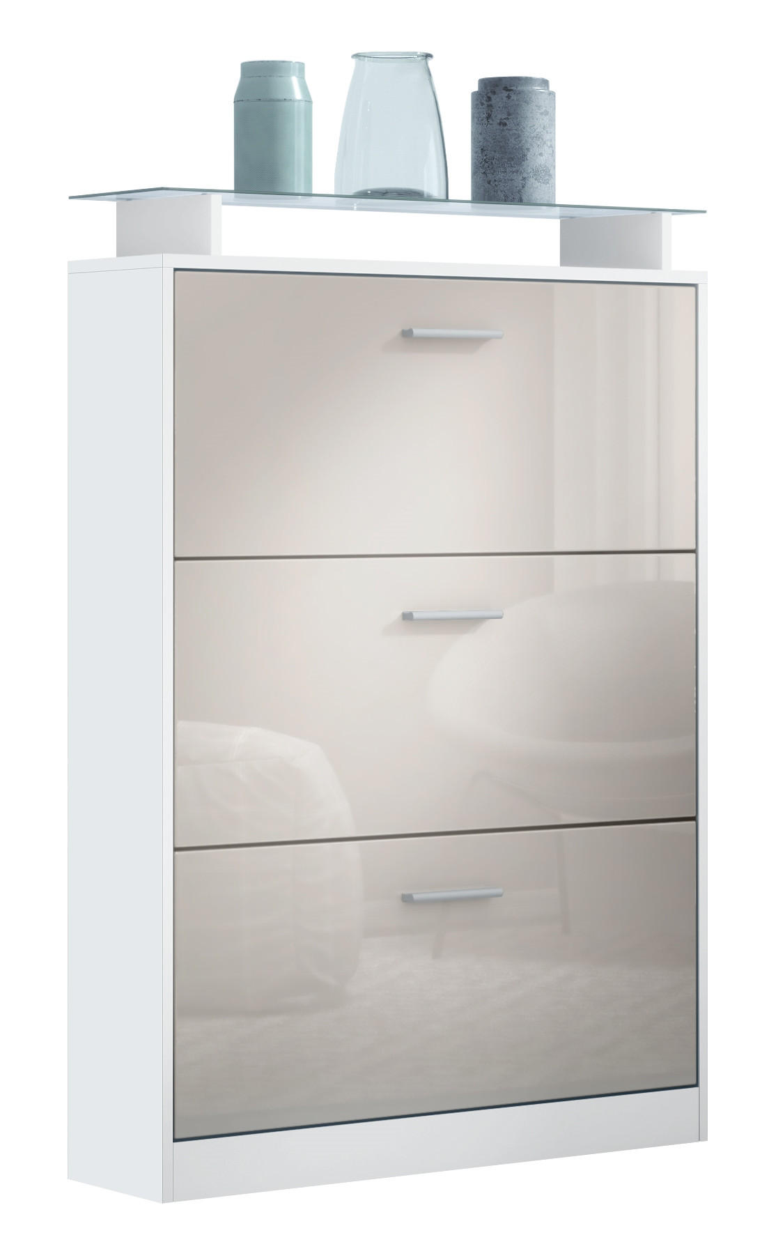 SCHUHSCHRANK Lavia Front in Sandgrau Hochglanz - Sandfarben, Holzwerkstoff (89/128/23cm) - Vladon