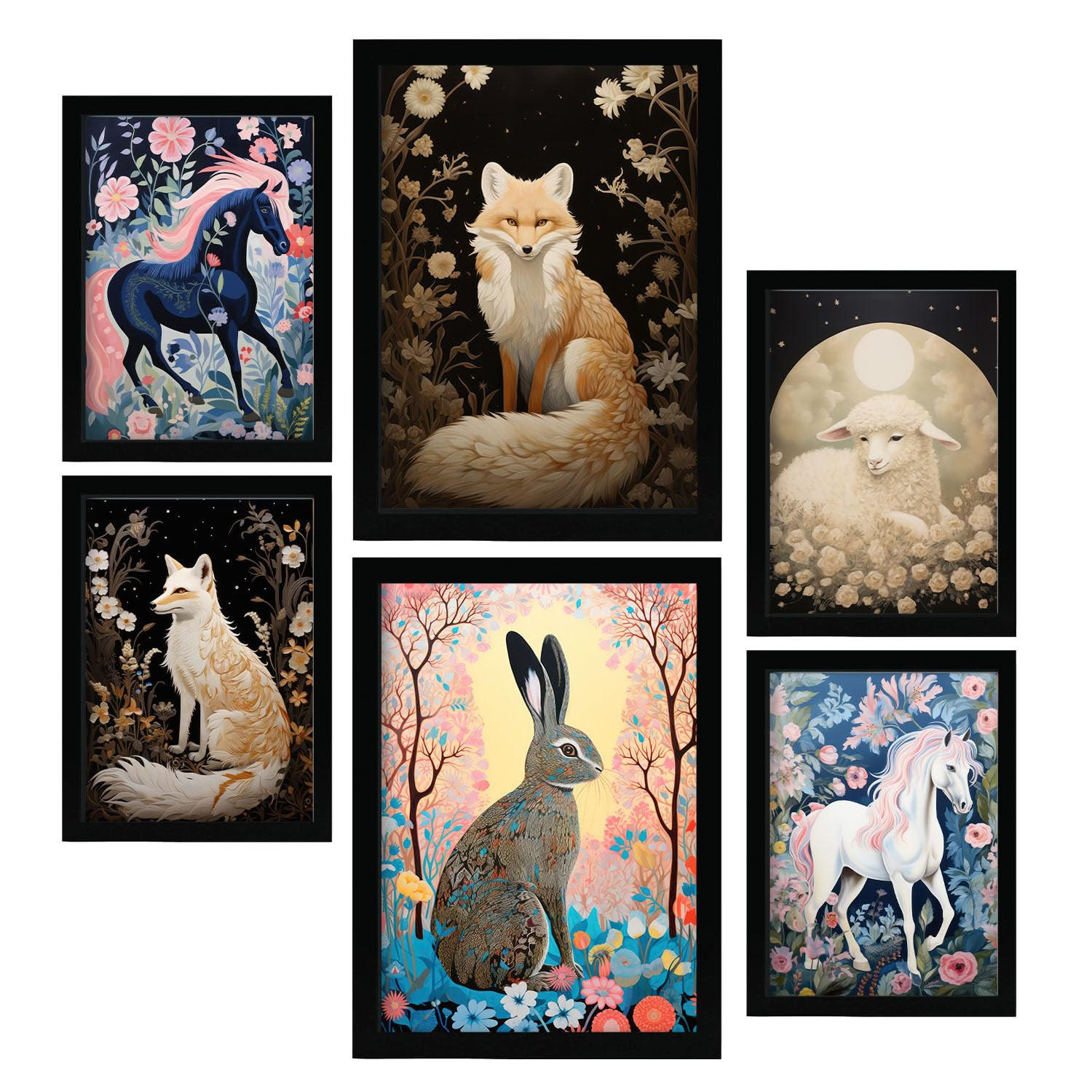 POSTER Set Mit 6 Blumentiere A3 & A4 Schwarzer Rahmen - Schwarz, Papier (29/3cm) - Nacnic