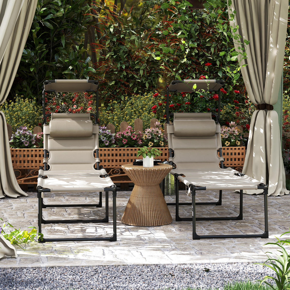 SONNENLIEGE 2er-Set DE-15652 klappbar, verstellbares Sonnendach Khaki - Mokka, Metall (200/45/70cm) - ComfortXL