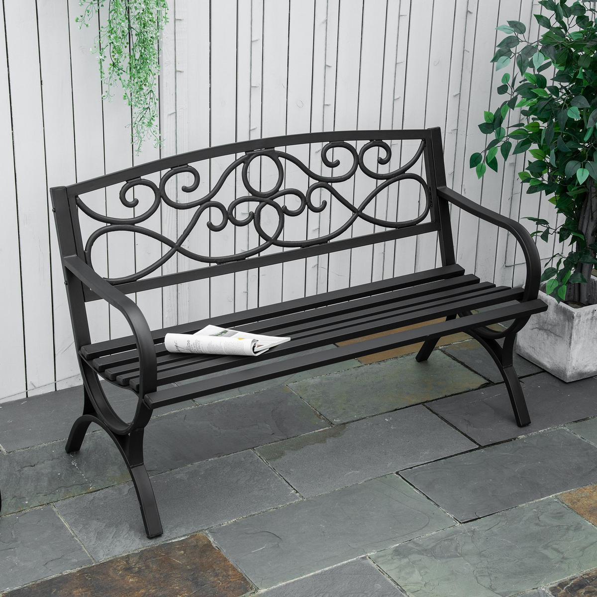 GARTENBANK DE-17762 2-Sitzer mit Weinranken-Motiv Schwarz - Schwarz, Metall (128/85/58.5cm) - ComfortXL
