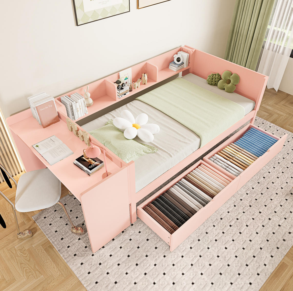 RAHMENBETT 90/200 cm mit Schreibtisch und 2 Schubladen in Rosa - Rosa, Holz - BEAOK