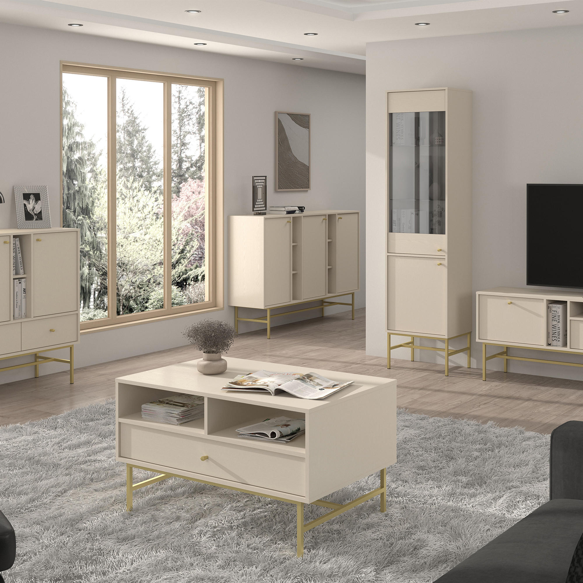 KAFFEETISCH FLOREN, Creme/Gold - Creme, Holzwerkstoff/Metall (65/100.2/62.5cm) - KONSIMO®