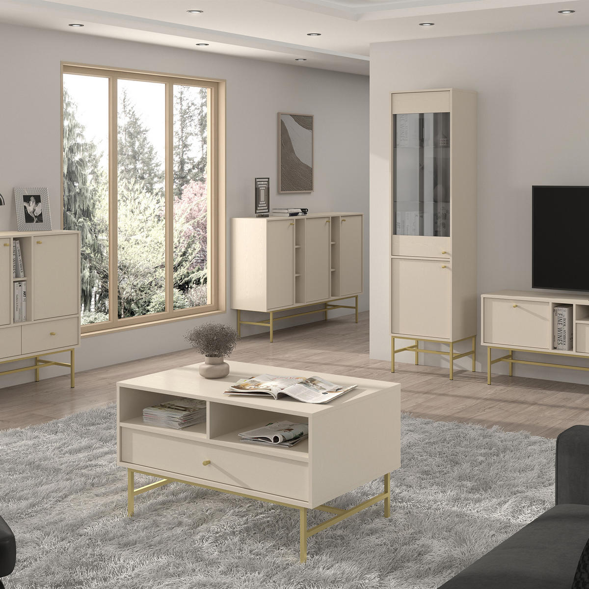 KAFFEETISCH FLOREN, Creme/Gold - Creme, Holzwerkstoff/Metall (65/100.2/62.5cm) - KONSIMO®
