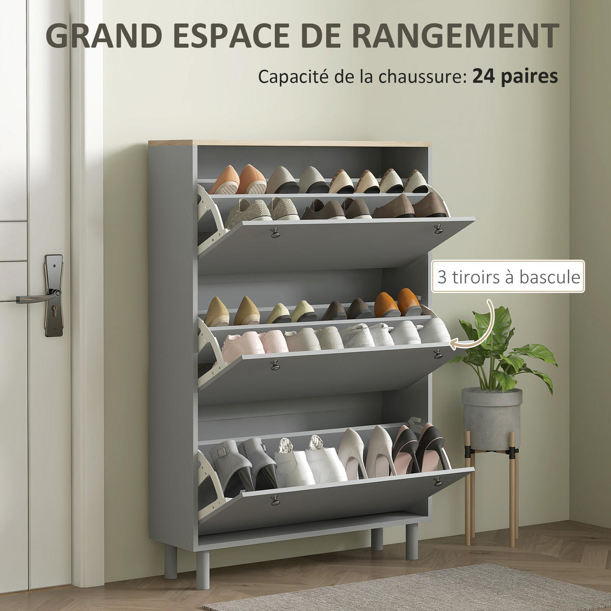 SCHUHSCHRANK DE-15033 3 Klapptüren für bis zu 24 Paar Schuhe Grau - Grau, Holzwerkstoff (80/121/23.5cm) - ComfortXL