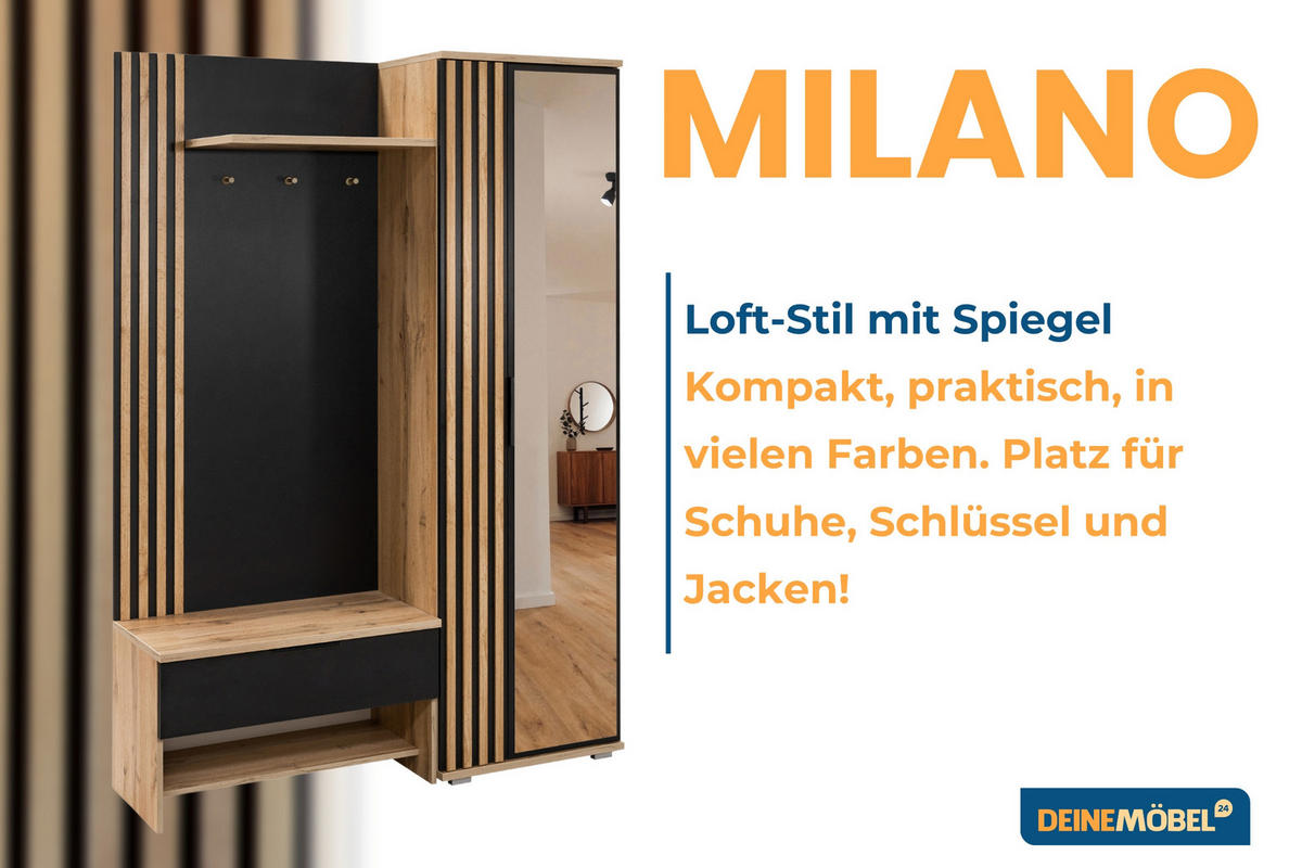 GARDEROBE MILANO 140/200 in Eiche Wotan / Schwarz mit Lamellen - Eichefarben/Schwarz, Holzwerkstoff (140/200/40cm) - Deine Möbel 24