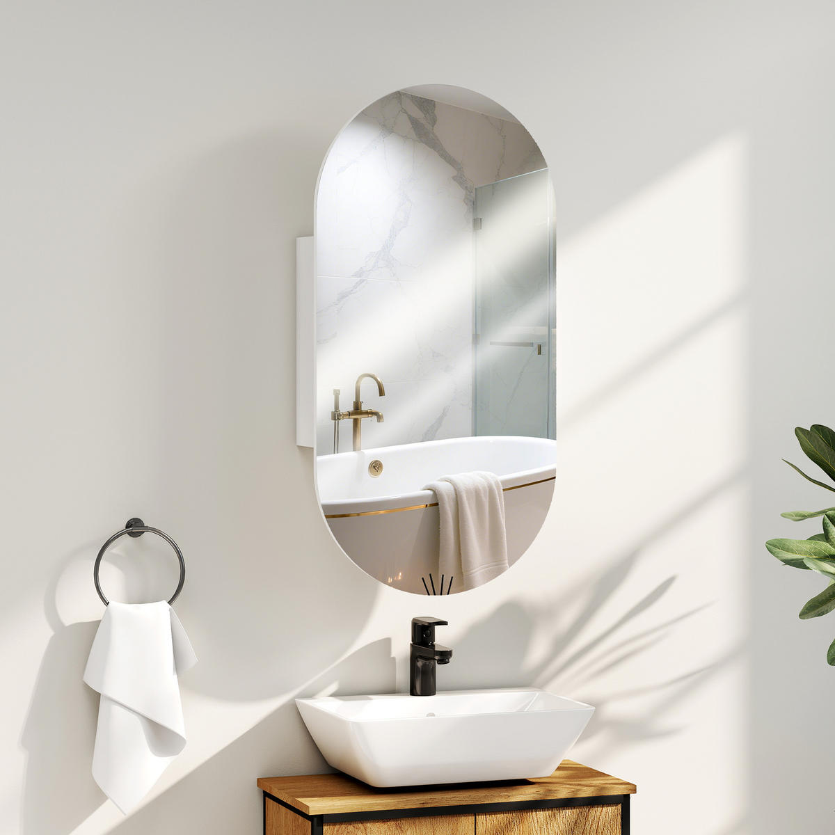 BADEZIMMERSPIEGEL Moderner ovaler Badezimmerspiegel mit Schrank und zwei Ablagen, 45 x 90 cm ,Weiß - Weiß, Glas (13.5/90/45cm) - Vallsero