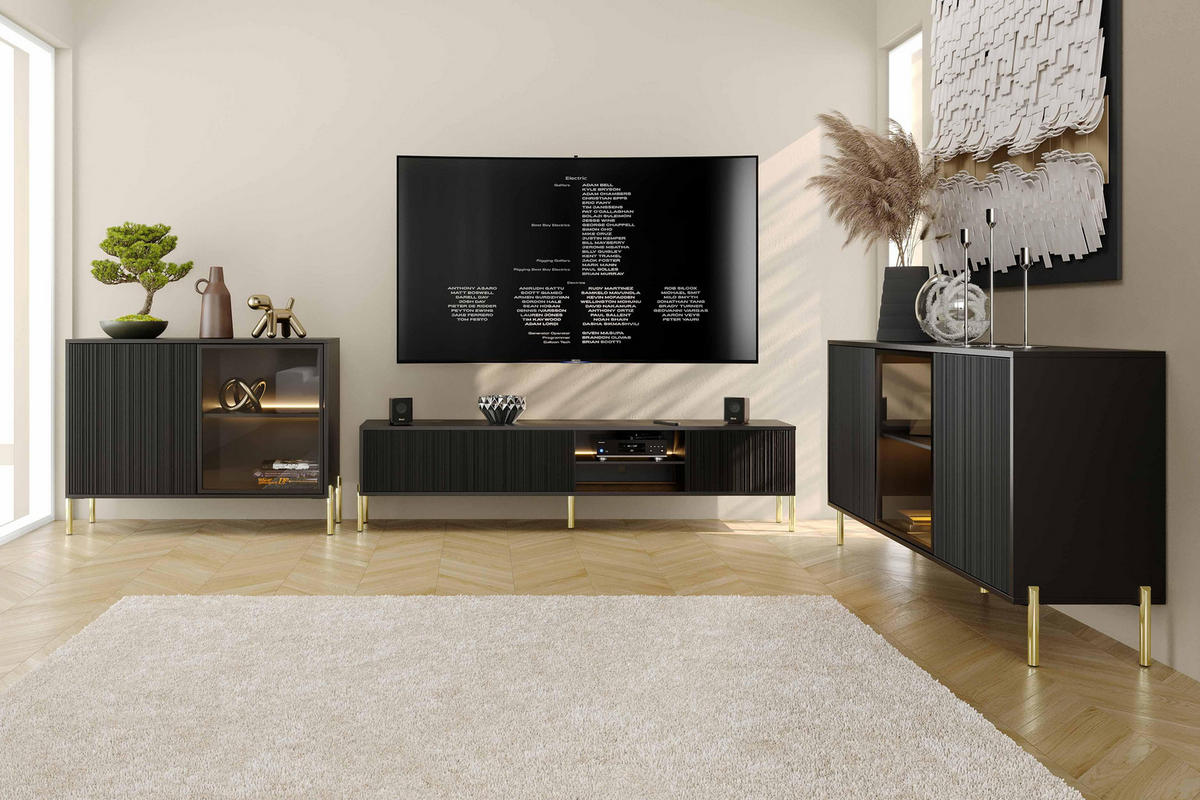 SIDEBOARD Benvie 3T Schwarz 154/80/38 cm – mit Glastüren und goldenen Beinen - Goldfarben/Schwarz, Holzwerkstoff (154/80/38cm) - AX Living