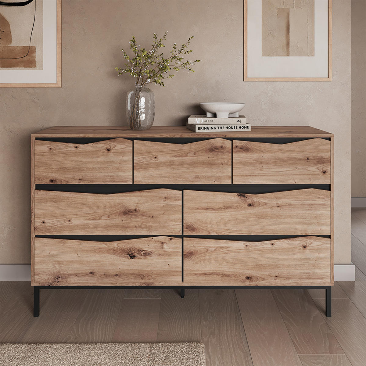 SIDEBOARD Elvano, Eiche/Schwarz, 140 x 85 cm mit 7 Schubladen - Eichefarben/Schwarz, Holzwerkstoff (140/85/39cm) - Vicco