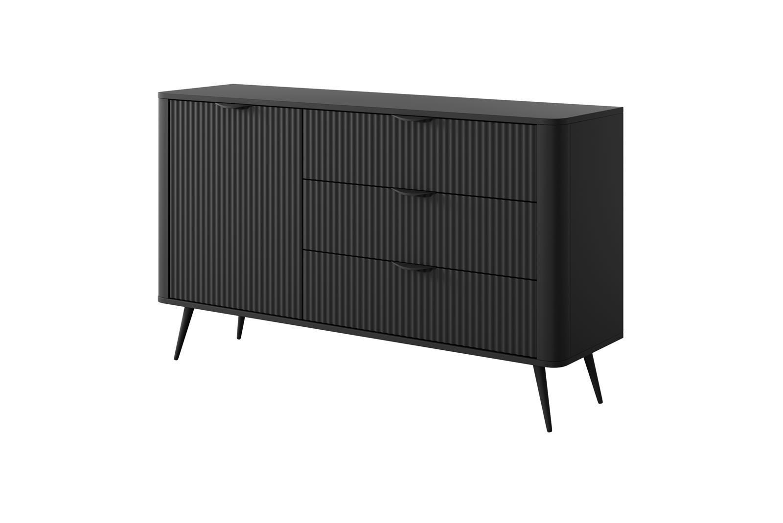 KOMMODE Lante, Schwarz, Eintürig, Drei Schubladen, Geriffelte Fronten - Schwarz, Holzwerkstoff (138/81/38cm) - Bettso