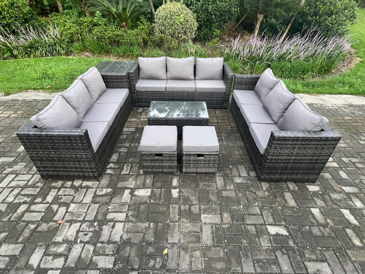 GARTENSET Polyrattan 11-Sitzer - Dunkelgrau, Metall - Fimous
