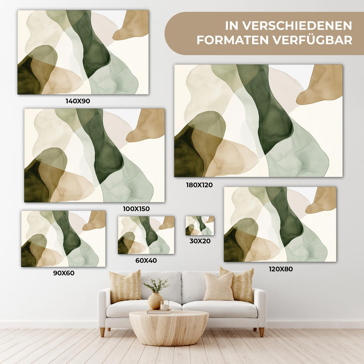LEINWANDBILD Japandi - Abstrakt - Grün Groß 140x90 cm - Salbeigrün, Textil (140/90cm) - MuchoWow