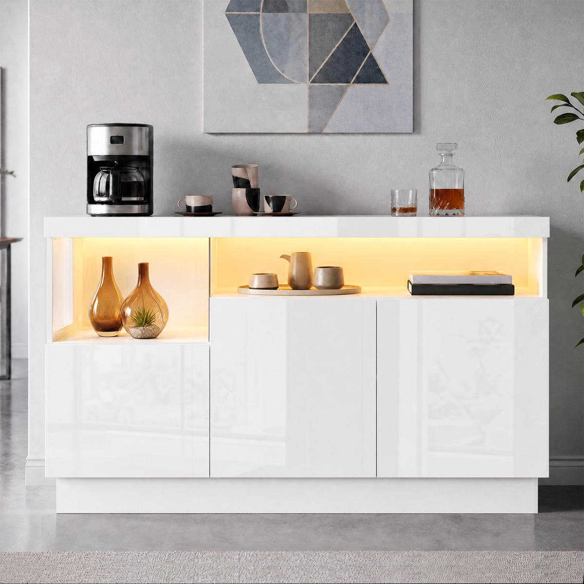 SIDEBOARD mit App-LED-Beleuchtung und Acrylfächern für Stauraum - Weiß, Holzwerkstoff (36/80/140cm) - Korfee