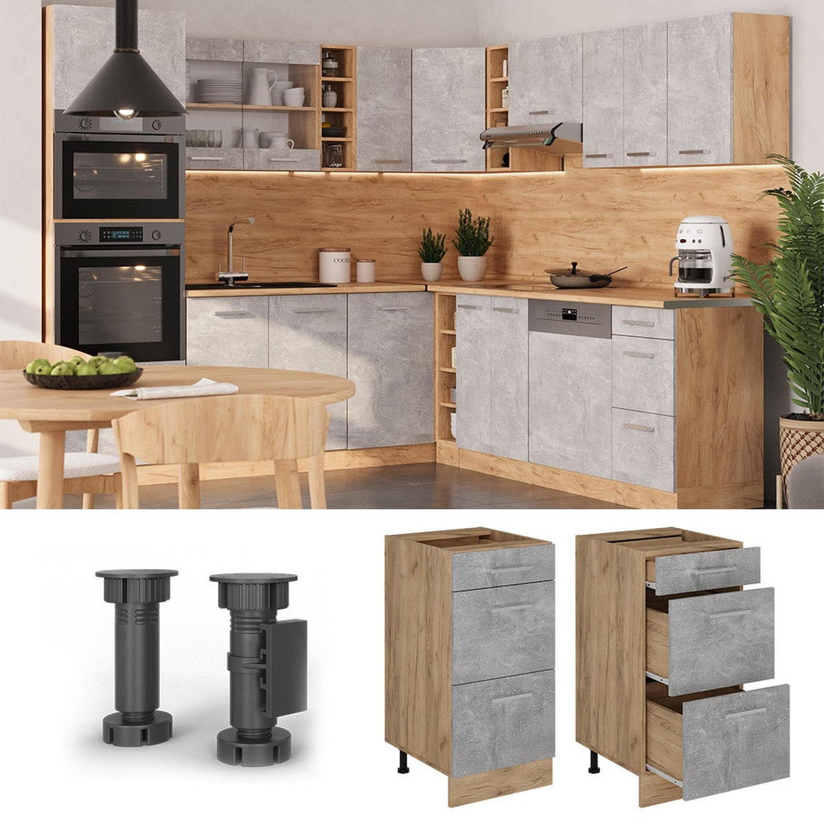 KÜCHENUNTERSCHRANK R-Line Beton 40 cm mit Schubladen, ohne Arbeitsplatte - Honigeiche/Grau, Holzwerkstoff (40/81.6/46cm) - Vicco